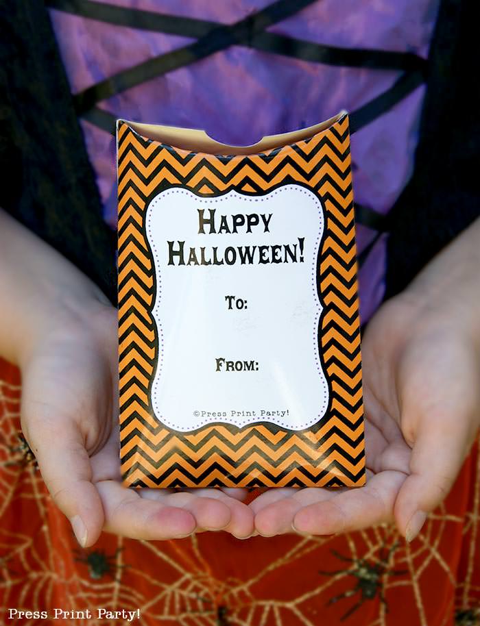 Free printable owl halloween treat boxes, favor bags, Orange, purple and green. Witch holding 2 owl pillow boxes by Press Print Party!