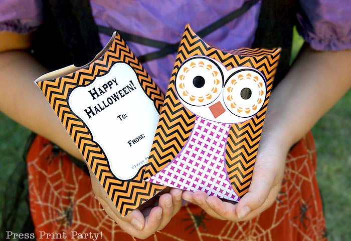 Free printable owl halloween treat boxes, favor bags, Orange, purple and green. Witch holding 2 owl pillow boxes by Press Print Party!