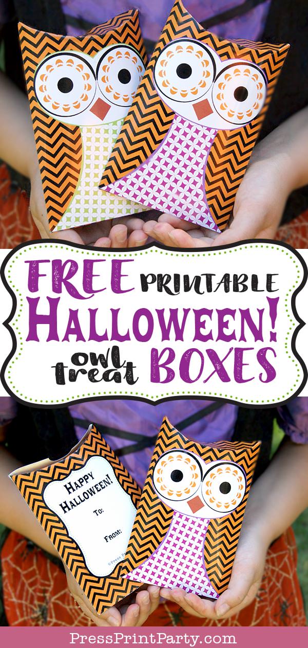 Free printable owl halloween treat boxes, favor bags, Orange, purple and green. Witch holding 2 owl pillow boxes by Press Print Party!