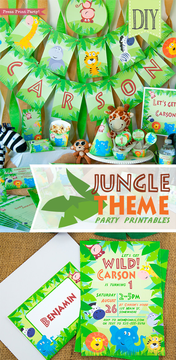 Jungle Theme Party Printables for Jungle Birthday or Safari Baby Shower - Press Print Party! Jungle party full set