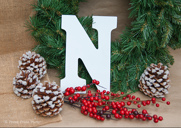 Frosted Christmas Wreath with Letters Tutorial - NOEL and JOY - By Press Print Party