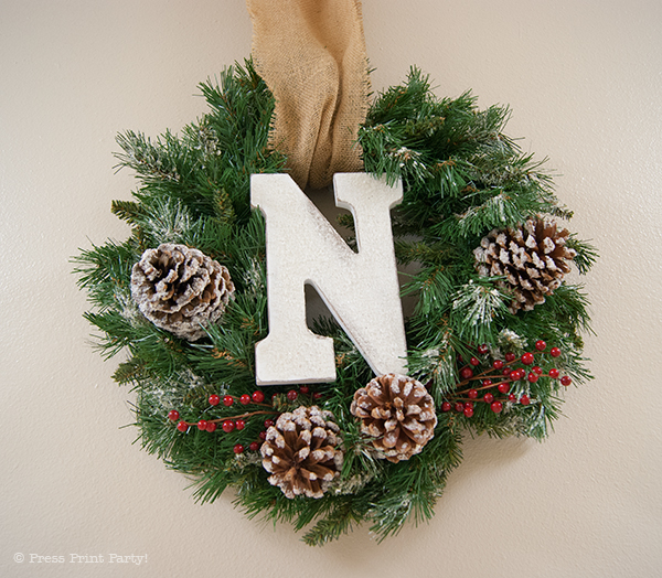 Frosted Christmas Wreath with Letters Tutorial - NOEL and JOY - By Press Print Party