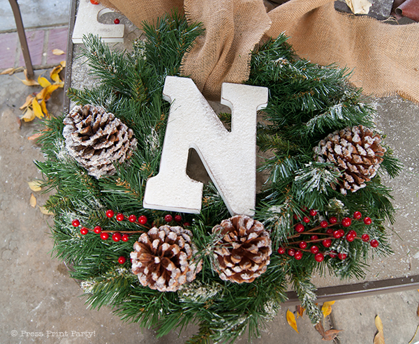 Frosted Christmas Wreath with Letters Tutorial - NOEL and JOY - By Press Print Party