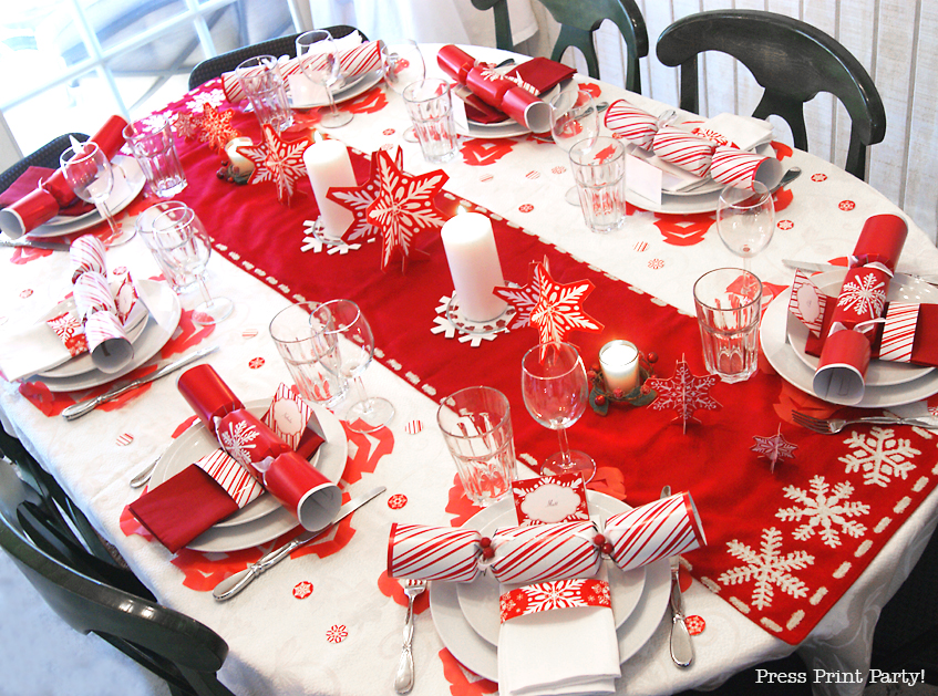 Merry and Bright Red and White Snowflakes Christmas Table - By Press Print Party!