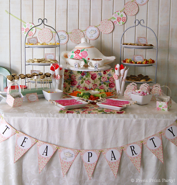 A Delightful Spring Tea Party - by Press Print Party. Party Food Table