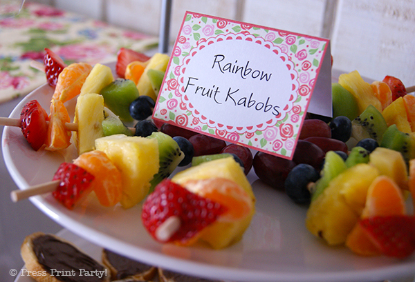 A Delightful Spring Tea Party - by Press Print Party. Rainbow Fruit Kabobs