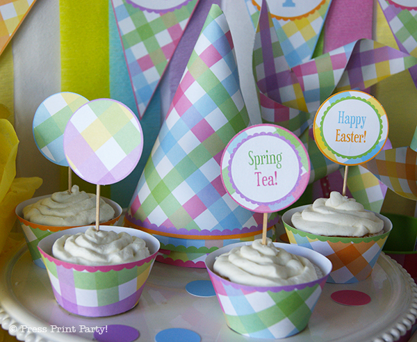 Spring Gingham Printables for Easter by Press Print Party! - Cupcake toppers and party hats