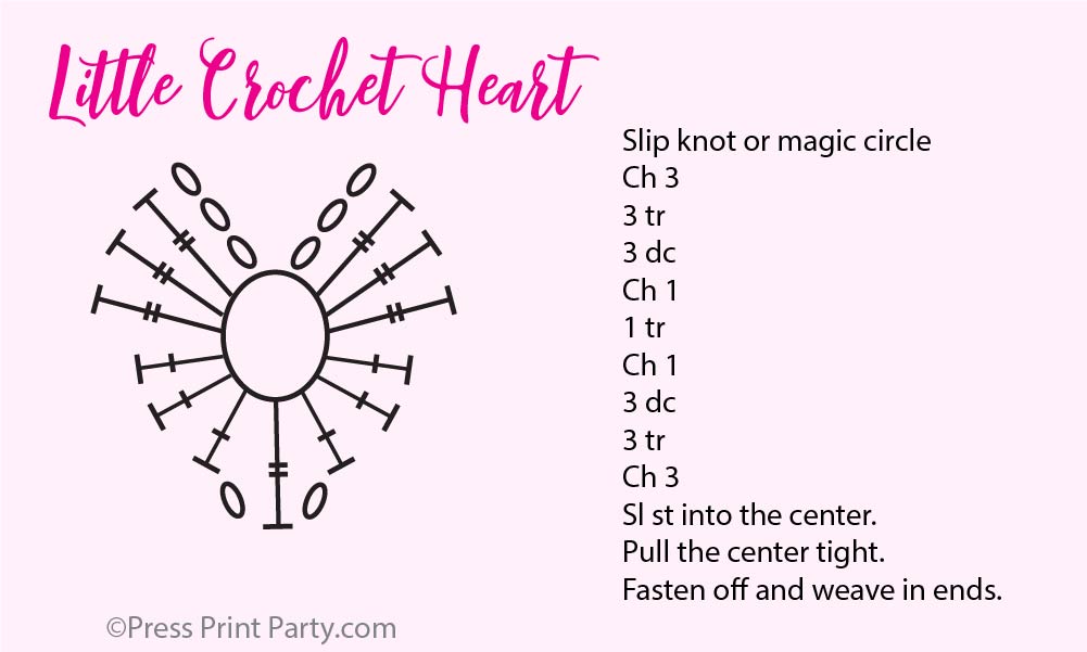 A crochet heart pattern diagram and written instructions labeled "Little Crochet Heart" on a pink background, featuring little crochet hearts with a central oval and crochet symbols forming a heart shape. ©Press Print Party.com.
