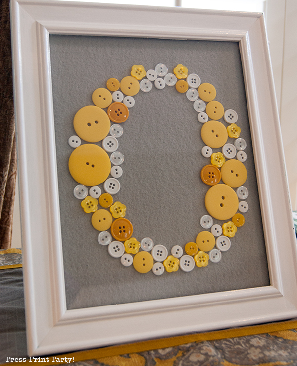 Yellow and Gray Damask Baby Shower Printables by Press Print Party - Framed Initial with buttons