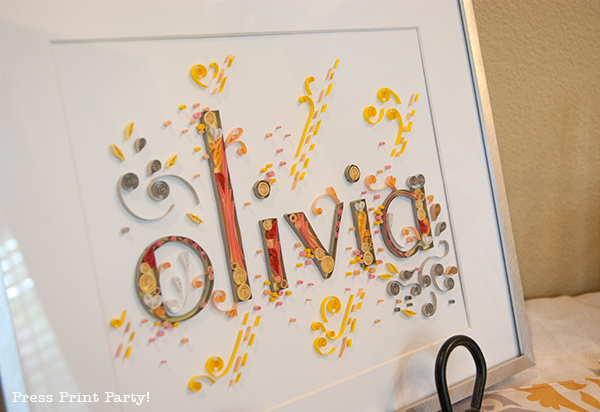 Yellow and Gray Damask Baby Shower Printables by Press Print Party - Framed name - paper quilling