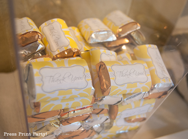 Yellow and Gray Damask Baby Shower Printables by Press Print Party - candy wrappers