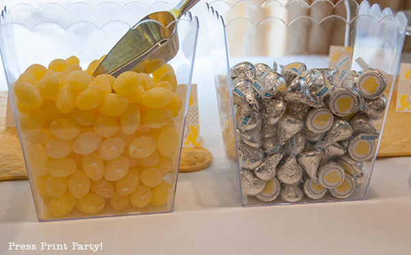 Yellow and Gray Damask Baby Shower Printables by Press Print Party - Hershey Kisses labels