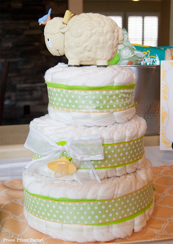 Yellow and Gray Damask Baby Shower Printables by Press Print Party - diaper cake