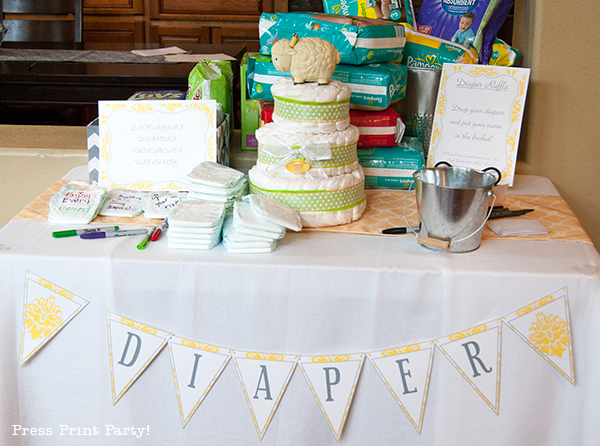 Yellow and Gray Damask Baby Shower Printables by Press Print Party - diaper table