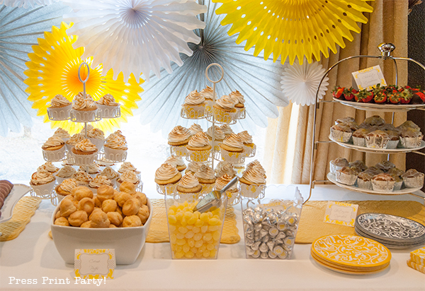 Yellow and Gray Damask Baby Shower Printables by Press Print Party - food table