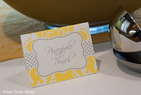 Yellow and Gray Damask Baby Shower Printables by Press Print Party - place cards