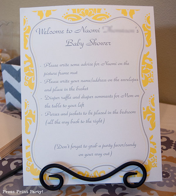 Yellow and Gray Damask Baby Shower Printables by Press Print Party - welcome sign