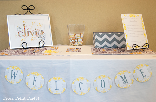 Yellow and Gray Damask Baby Shower Printables by Press Print Party - welcome table