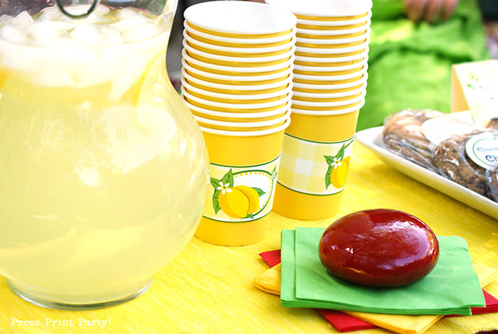 lemonade stand cups with lemons green and yellow. lemonade stand free printables Press Print Party
