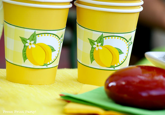 lemonade stand cups with lemons green and yellow. lemonade stand free printables Press Print Party