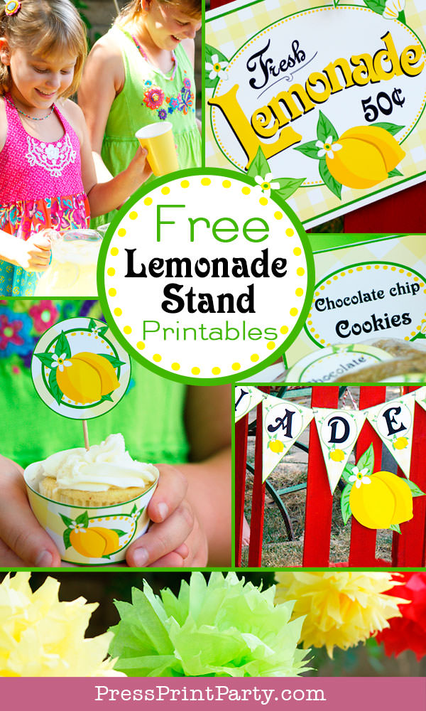 Girls with a lemonade stand. with lemonade banner price list and labels and cupcake wrappers. free printables Press Print Party!