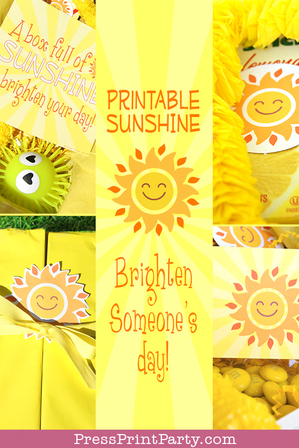 Yellow box with printable happy suns and yellow gifts with text printable sunshine, brighten someone's day.