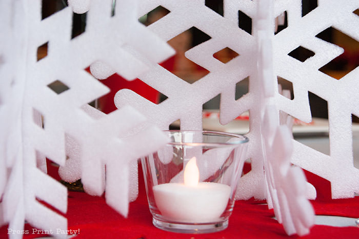 DIY Christmas Centerpiece with candles Ideas red snowflake white foam snowflake on red felt snowflake table number 1 press Print Party!