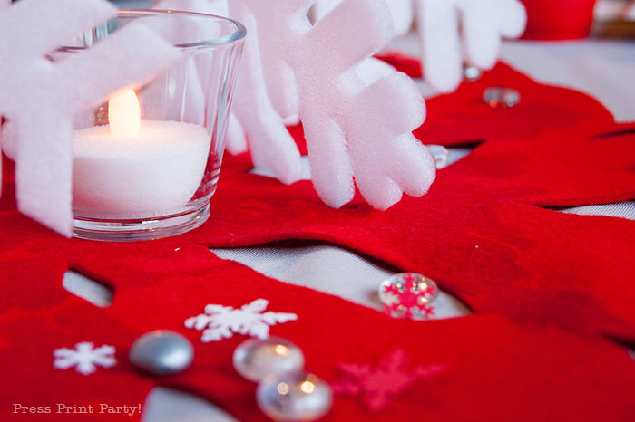 DIY Christmas Centerpiece with candles Ideas red snowflake white foam snowflake on red felt snowflake table number 1 press Print Party!