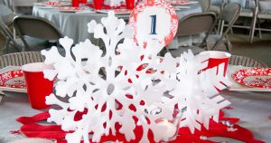 DIY Christmas Centerpiece Ideas red snowflake white foam snowflake on red felt snowflake table numbers Press Print Party!