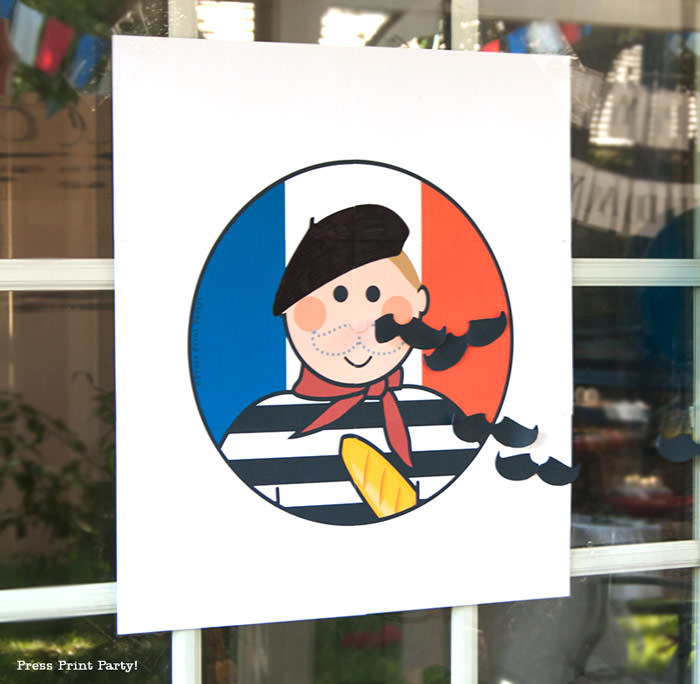 Pin the mustache on the French guy free printable game for french or paris party. Press Print Party!