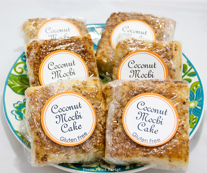 Cocomut butter mochi cakes wrapped with label