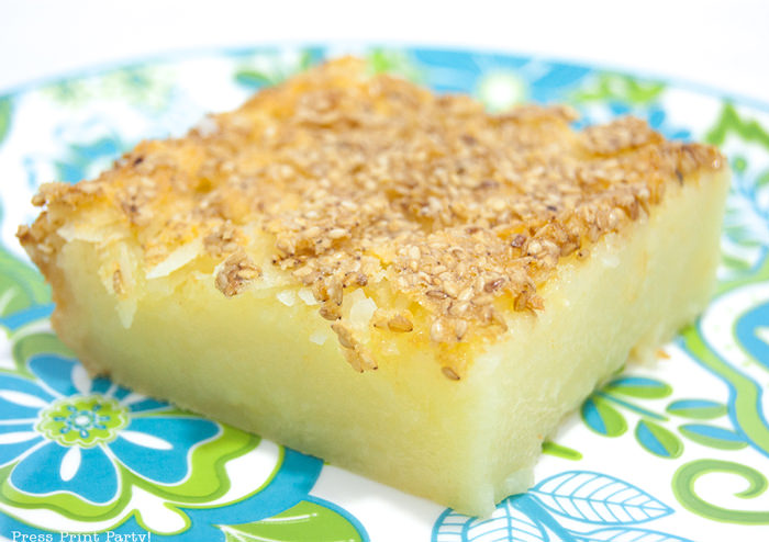 piece of coconut mochi cake on plate