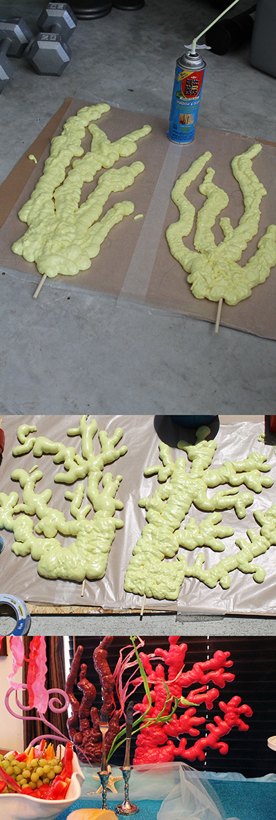 How to Make a Stunning Coral Reef for you Under the Sea Party, Mermaid Party, or VBS. how to spray foam a coral for fake coral reef