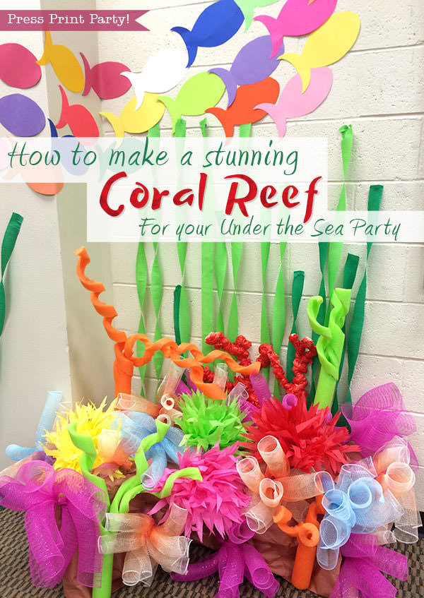 How to Make a Stunning Coral Reef for your Under the Sea Party, Mermaid Party, or VBS. By Press Print Party #OceanCommotion #Underthesea #mermaid Decorations