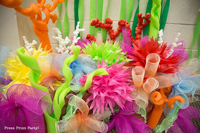 final coral reef with pool noodles, paper flowers, etc..