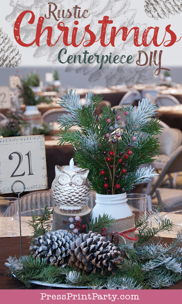Rustic Christmas table centerpiece with greenery, rustic owl, white mason jar, pinecones, and berries. With a free music sheet table number printable download. With a brown tablecloth and music sheet place mats. Easy and cheap. by Press Print Party!