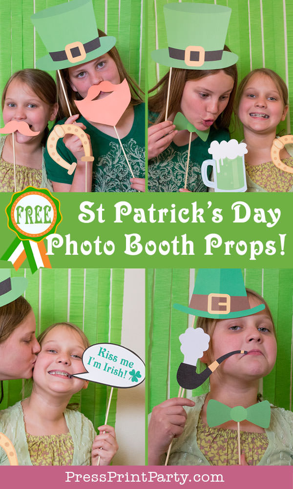 St. Patrick's day free photo booth props printables. Leprechaun hat, green beer, kiss me I'm Irish, mustache, red beard, pipe, green neck tie, horseshoe. by Press Print Party!