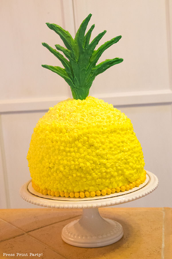 Party like a Pineapple -Pineapple party - Luau Party - Cake shaped like a pineapple frosted yellow with candy melt top - by Press Print Party!