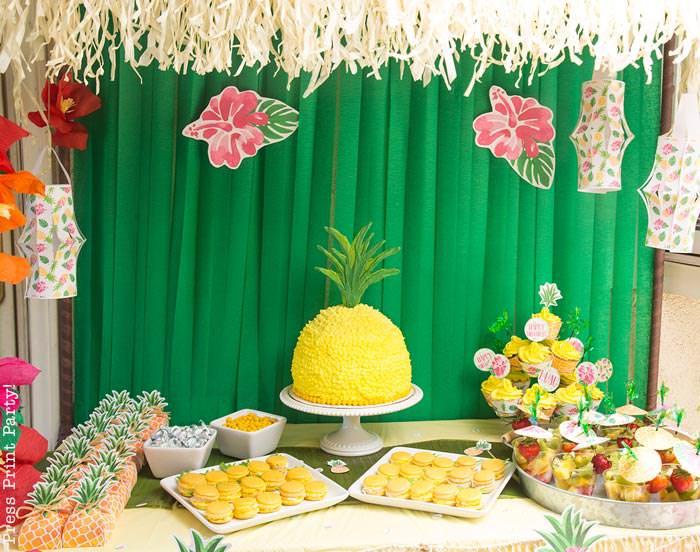 Party like a Pineapple -Pineapple dessert table with pineapple cake and cupcakes and macarons with paper lanterns- Luau Party - by Press Print Party!