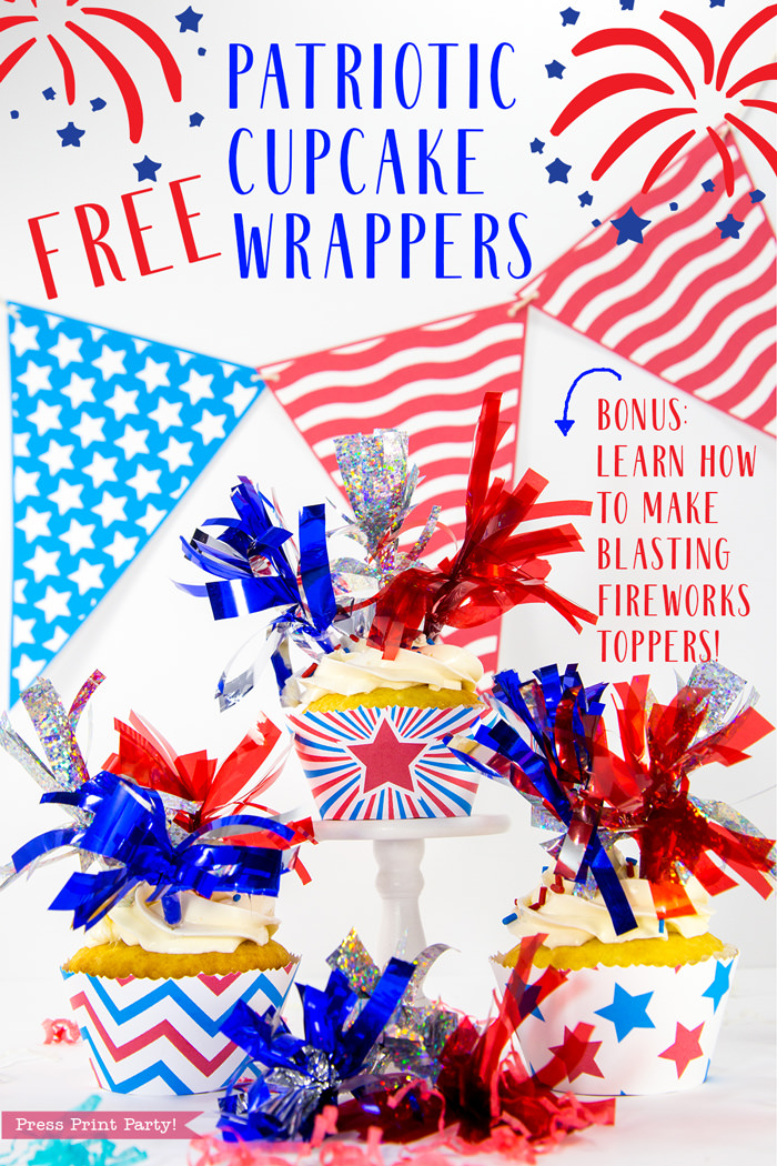 Patriotic cupcake wrapper with red star and 3 tassel toppers in red silver and blue. Free wrapper and topper DIY