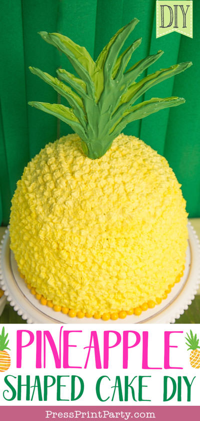 Pineapple shaped cake with yellow frosting and candy melt top - DIY -Press Print Party!