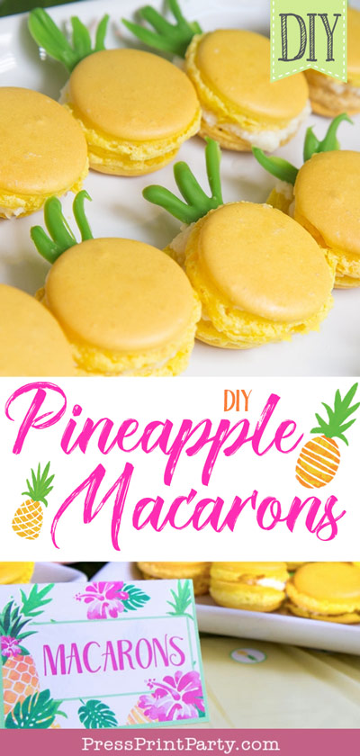 Pineapple Macarons diy full instructions with candy melt tops and luau place card