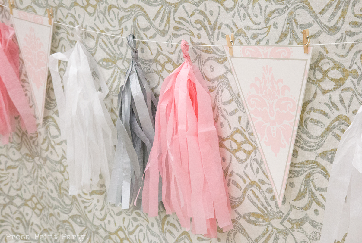 Sweet Vintage Baby Shower Decorations - By Press Print Party! paper tassels in pink and grey