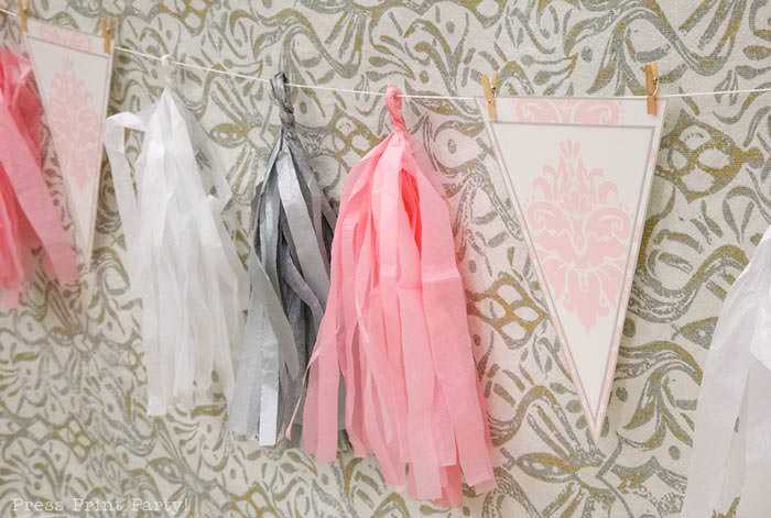 pink vintage baby shower ideas - Press Print Party! pink grey and white tassels and banner