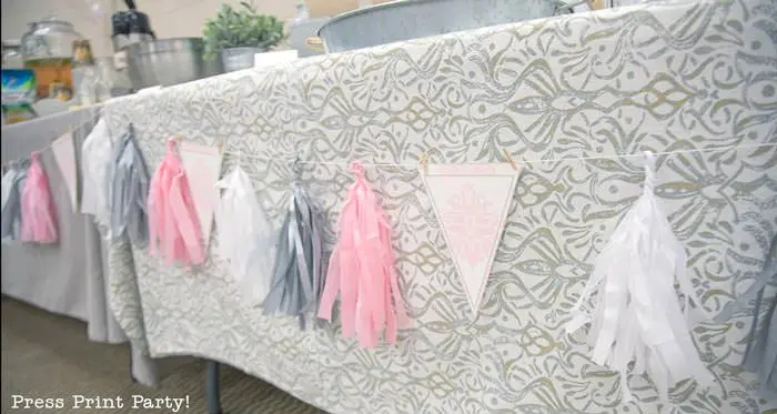 pink vintage baby shower ideas - Press Print Party! Pink, gray and white tassels