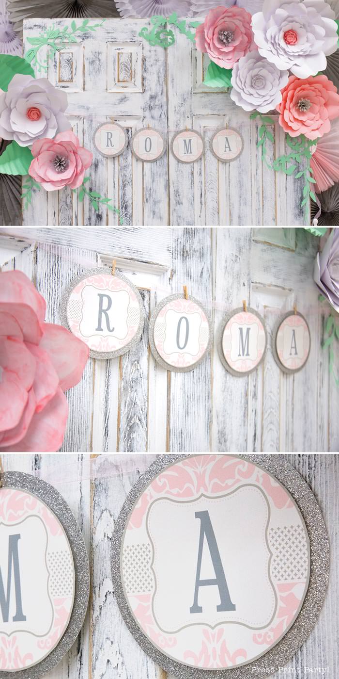 pink vintage baby shower ideas - Press Print Party! baby shower banner damask pink and grey