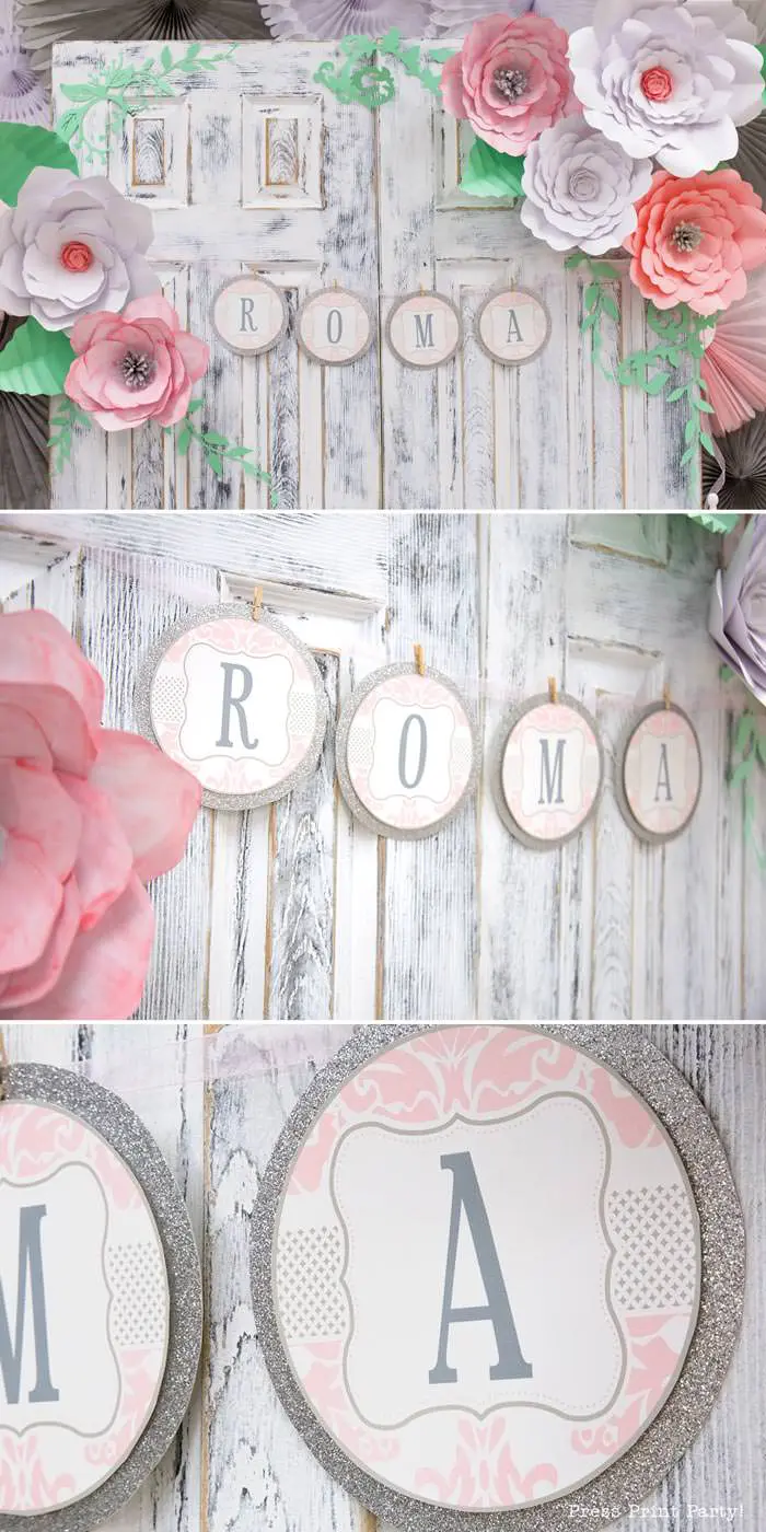 pink vintage baby shower ideas - Press Print Party! baby shower banner damask pink and grey