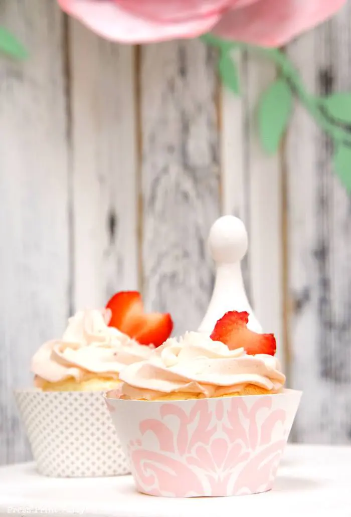 pink vintage baby shower ideas - Press Print Party! cupcake wrapper with strawberries like a heart.
