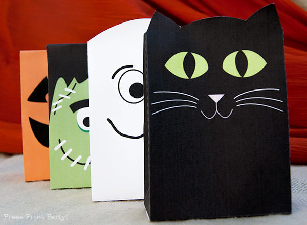 Free Halloween Printable Treat Bags by Press Print Party Frankenstein, ghost cat and pumpkin paper treat party bags