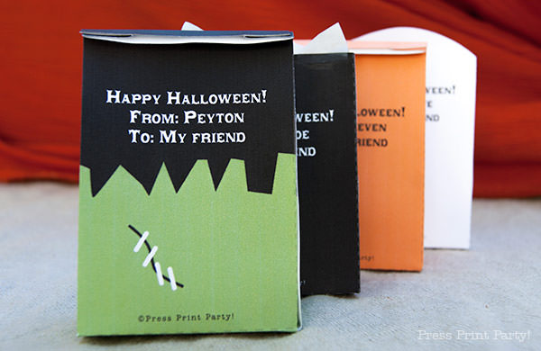 Free Halloween Printable Treat Bags by Press Print Party Frankenstein, ghost cat and pumpkin paper treat party bags